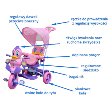 3-kołowy Rowerek dla dzieci Kaczka Fioletowy + Dźwięki + Daszek + Barierka + Podnóżek + Rączka + Płozy + Schowek